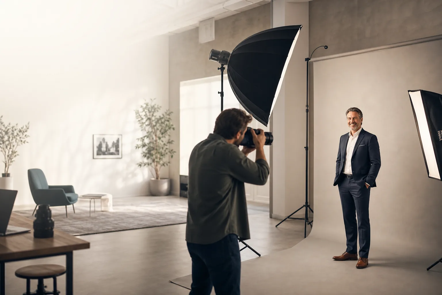 Businessfotograf beim Porträt-Shooting im Studio